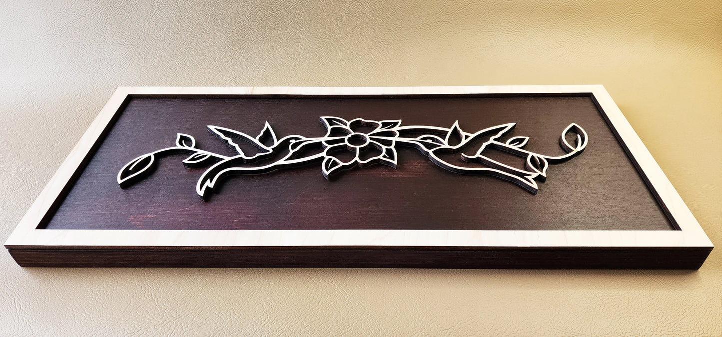 Hummingbirds line art wooden wall decor