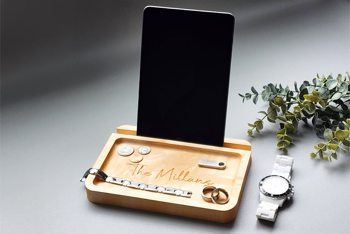 Personalized Catch all Tray Phone/Tablet Holder in Hard Maple