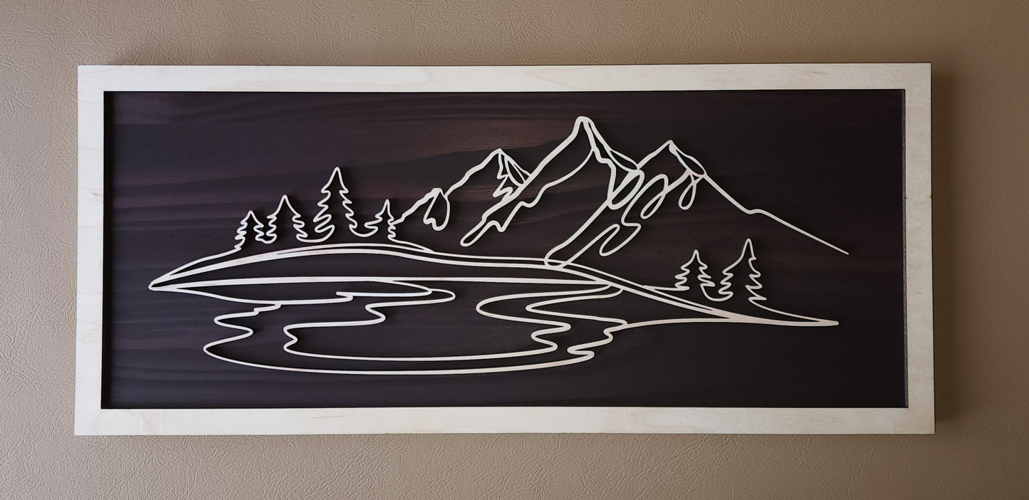 Mountain Lake doodle art wooden wall decor