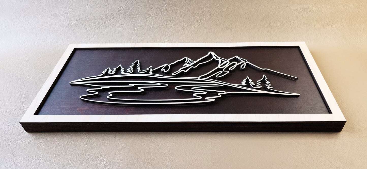 Mountain Lake doodle art wooden wall decor