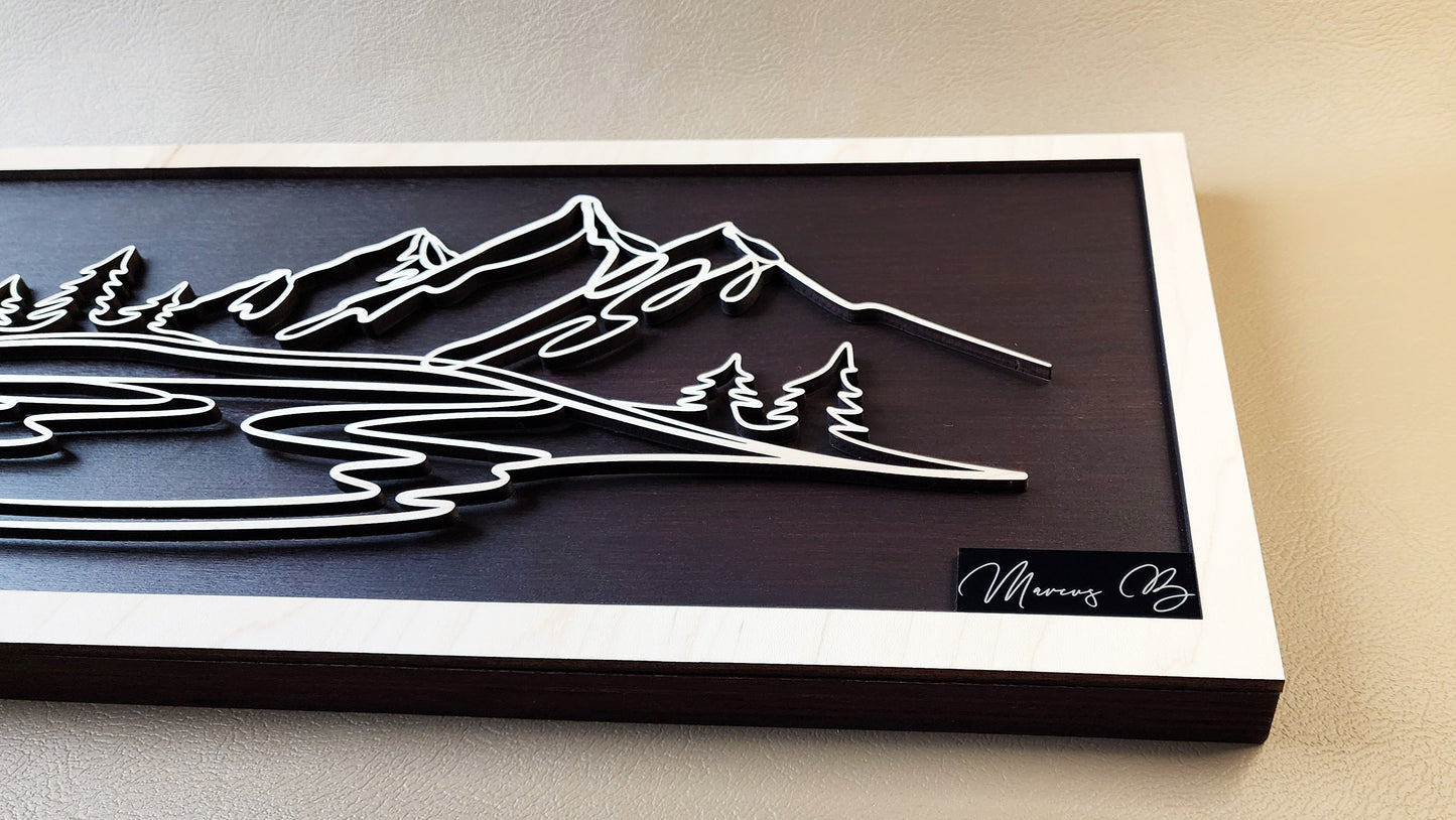 Mountain Lake doodle art wooden wall decor