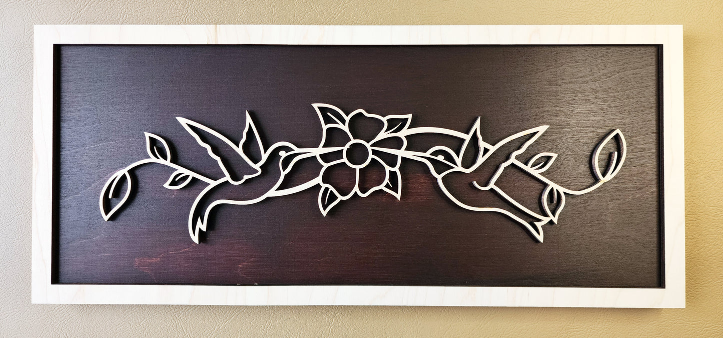 Hummingbirds line art wooden wall decor