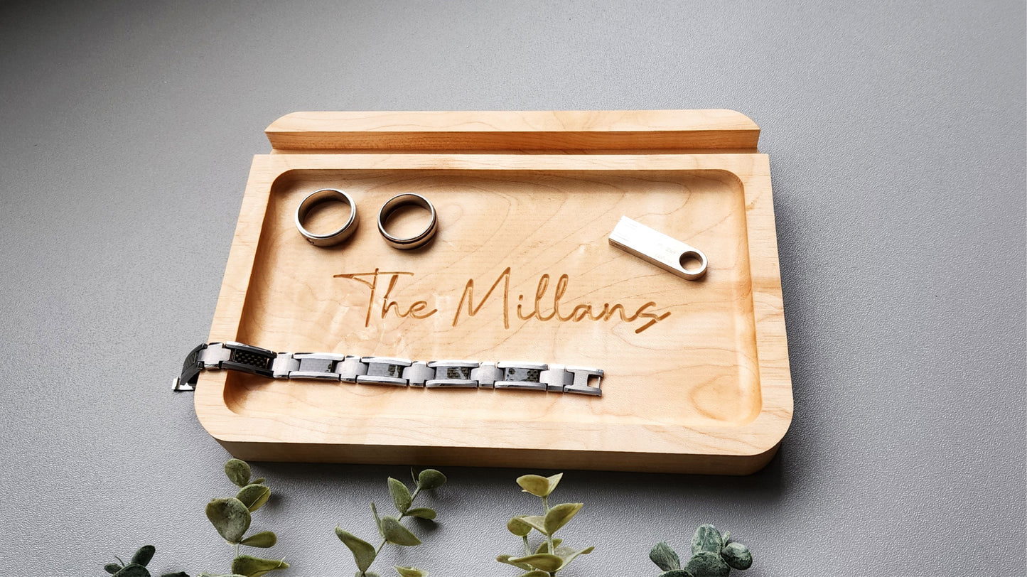 Personalized Catch all Tray Phone/Tablet Holder in Hard Maple