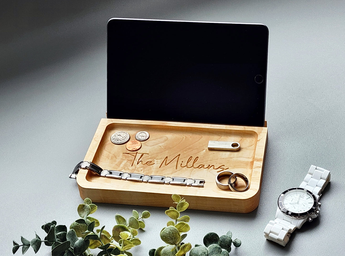 Personalized Catch all Tray Phone/Tablet Holder in Hard Maple