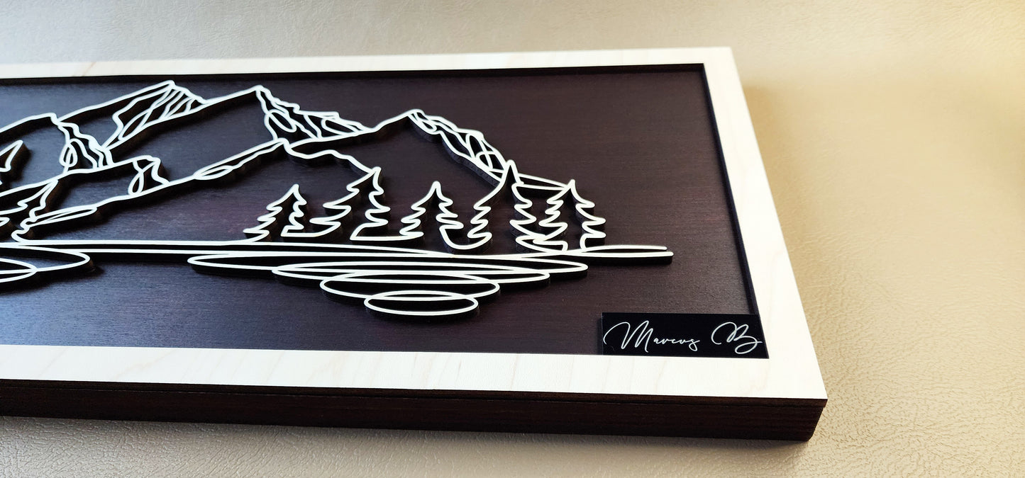 Mountain doodle art wooden wall decor