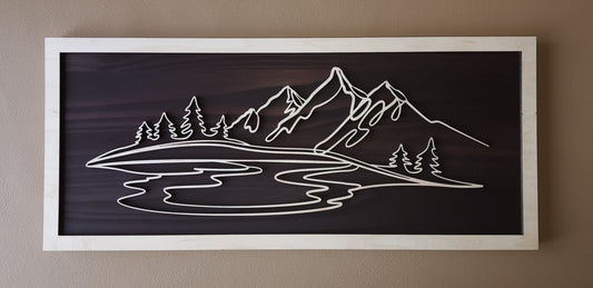 Mountain Lake doodle art wooden wall decor